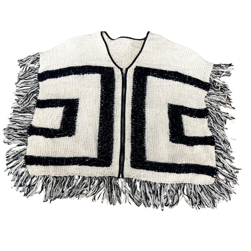 CCC Handcrafted Luxury Black White Poncho Geometric Design Fringe Knit Zip Up OS - Picture 5 of 9